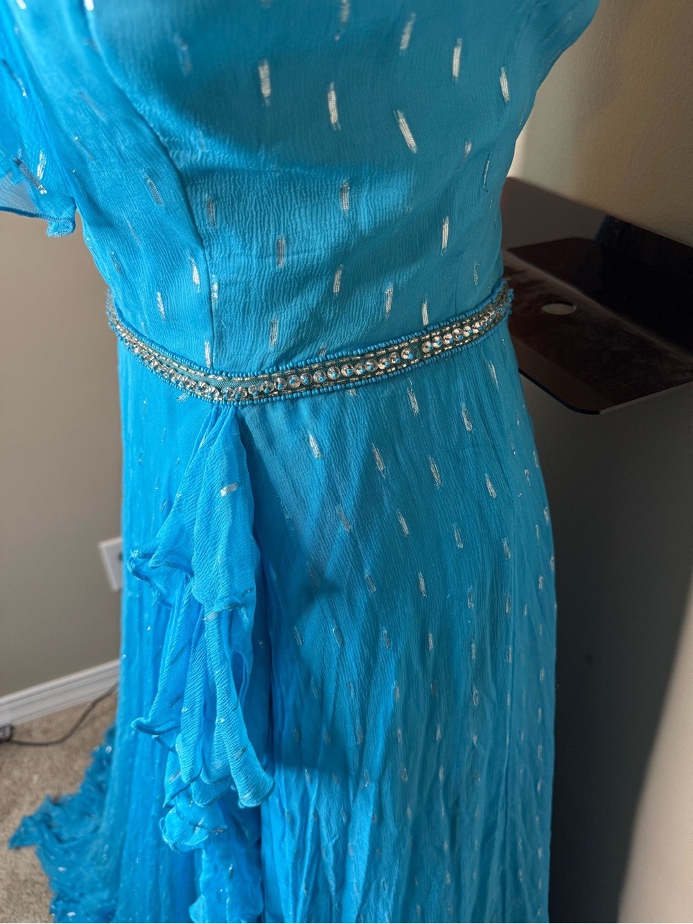 Sherri Hill 52643 Aqua Blue Metallic Chiffon Corset Ruffle Gown Size 12 - Picture 5 of 11